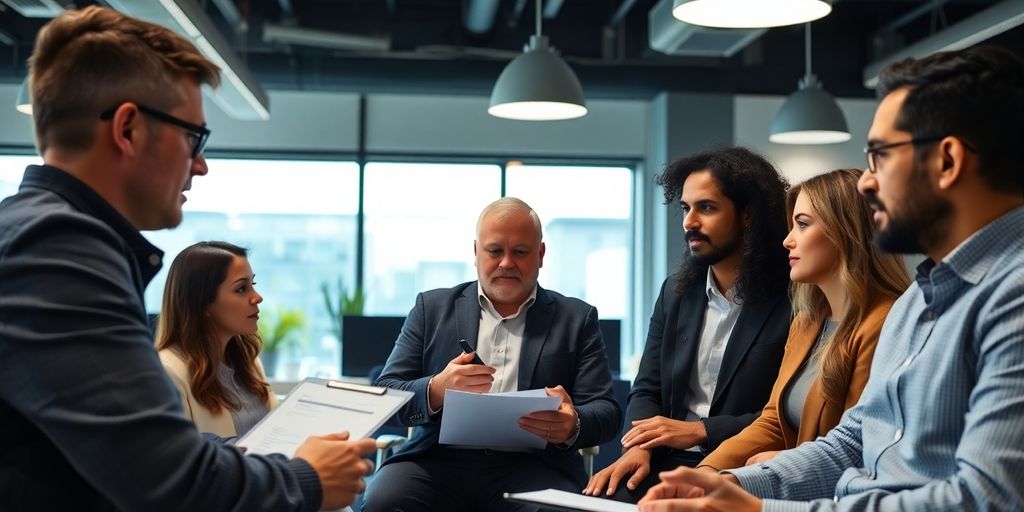 Diverse crypto professionals discussing regulations in an office.