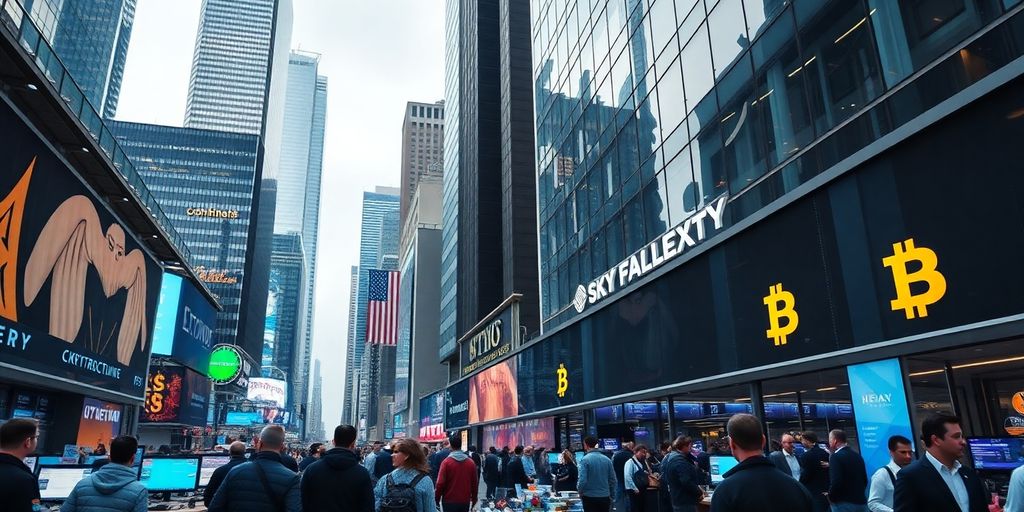 Traders discussing cryptocurrency in a busy financial district.