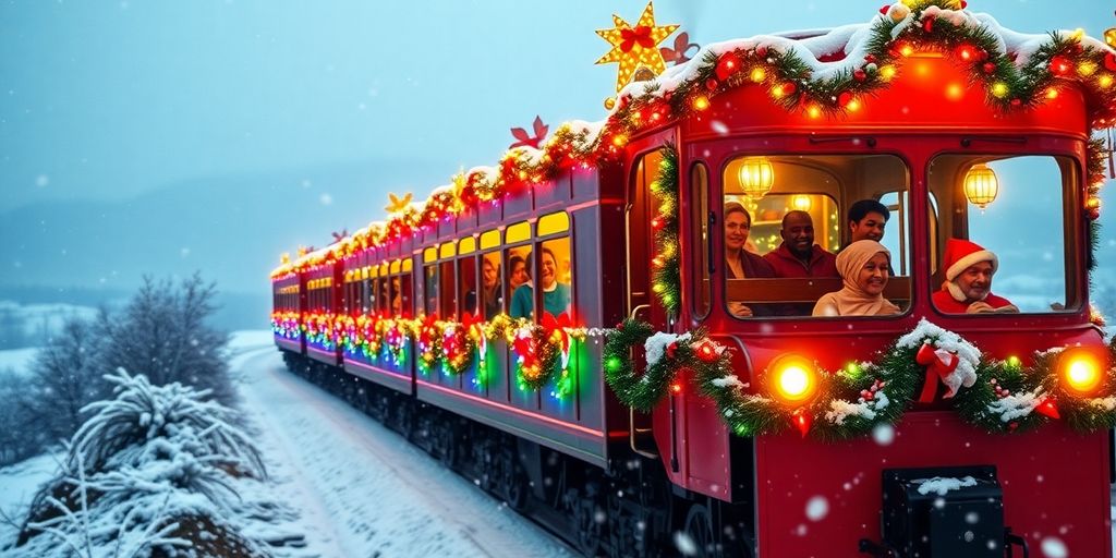 Festive train with passengers in a winter landscape.