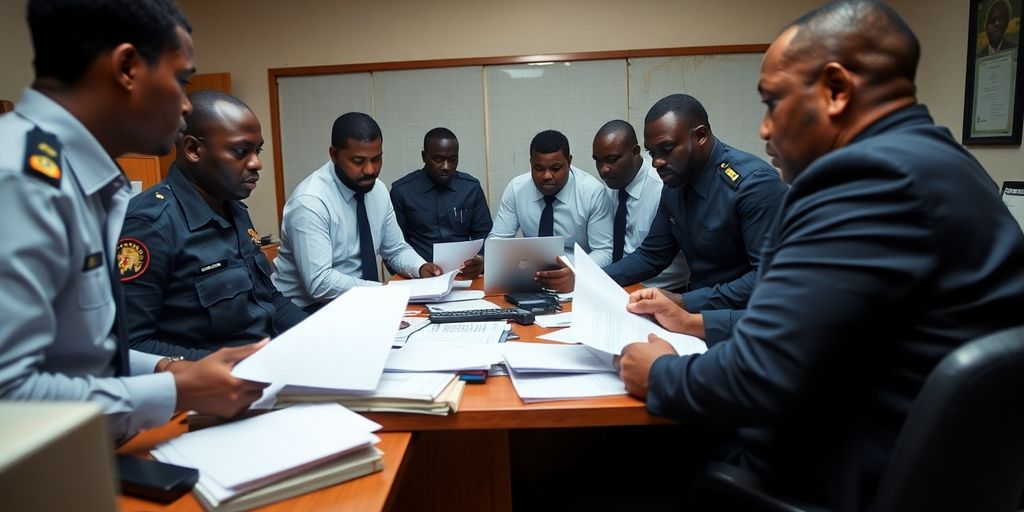 Law enforcement officers raiding an office against fraud.