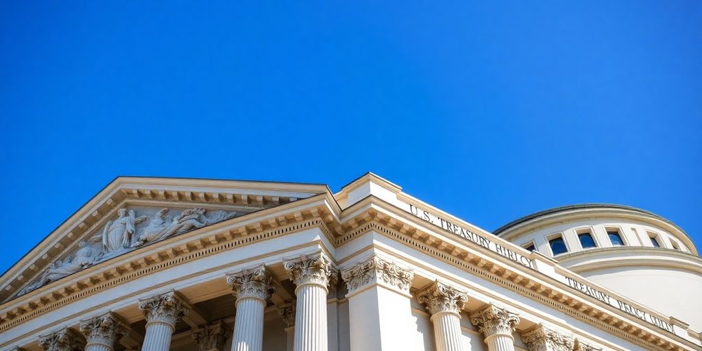 U.S. Treasury building with architectural details and blue sky.