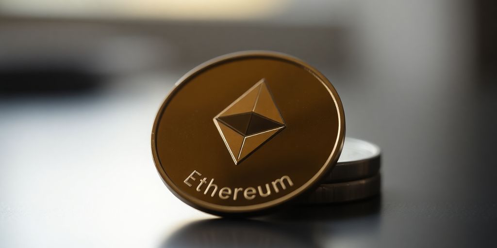 Close-up of a physical Ethereum coin on a surface.