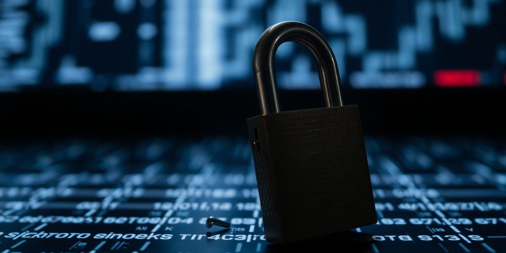 Broken lock on digital ledger illustrating security breach.