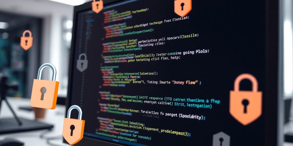 Computer screen with Solidity code and cybersecurity elements.